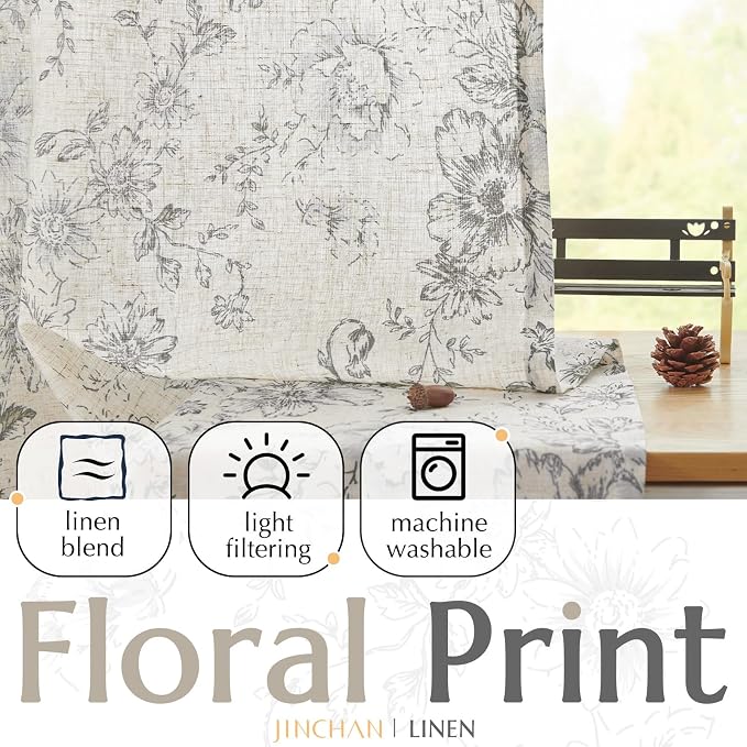 jinchan Grey Floral Linen Curtains 96 Inch Farmhouse Back Tab 2 Panels | Light - Image 3