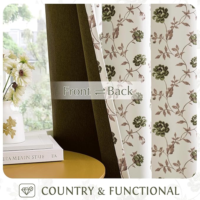Beauoop Floral 100% Blackout Curtains Bedroom Green Brown 52x96 2 Panels | Rose - Image 4