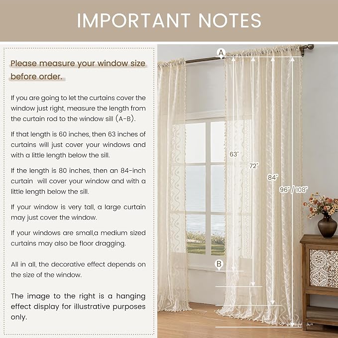 WAZZIO Boho Lace Curtains 2 Panels 102 Inches -Cute Vintage Victorian Sheer - Image 7