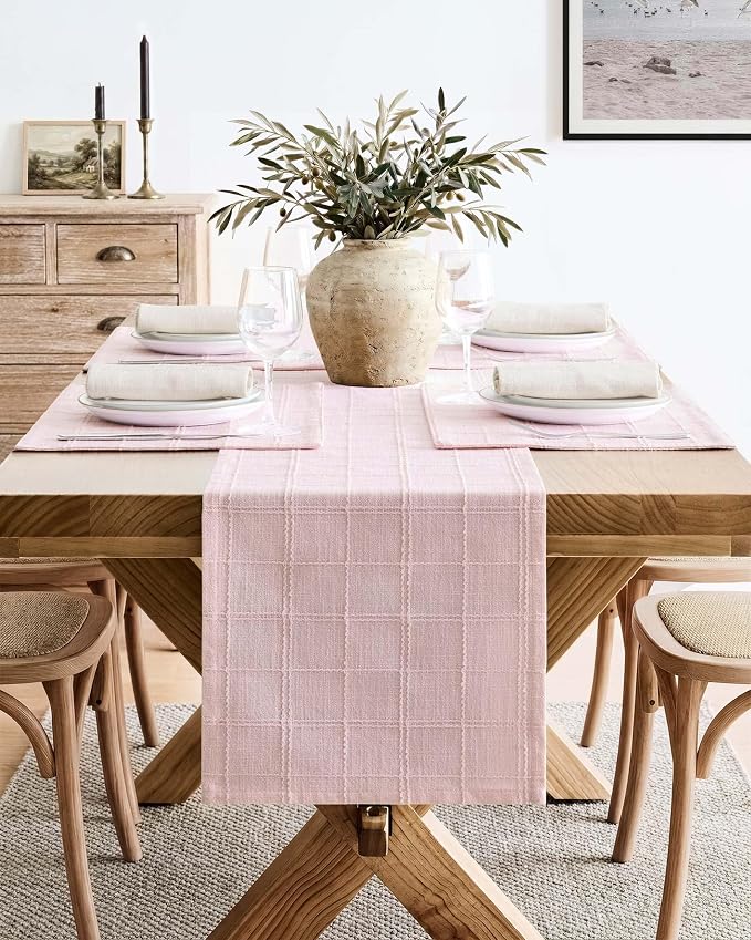 Linen Checked Farmhouse Table Runner, 13x108 Inches Pink | Raised Grid Design - Image 2