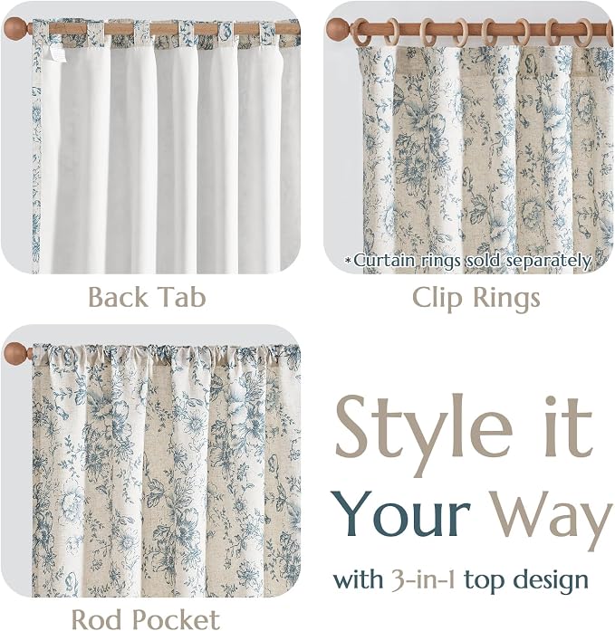 jinchan Blue Floral Linen Curtains Lined 90 Inch Vintage Back Tab 2 Panels | - Image 6