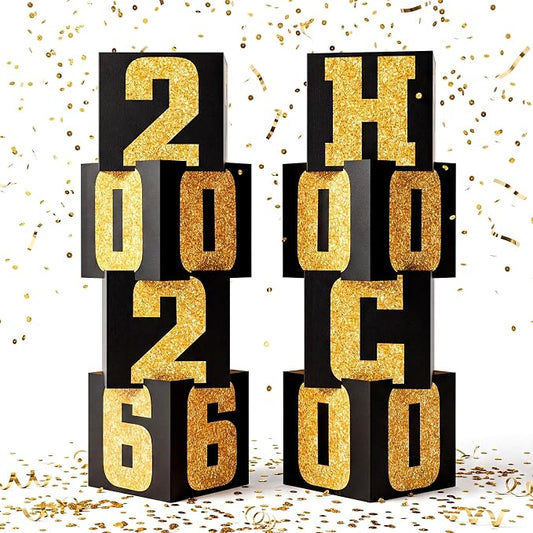 Queekay 8 Pcs HOCO 2026 Column Decorations Homecoming 2026 Gold Black Backdrop by Queekay