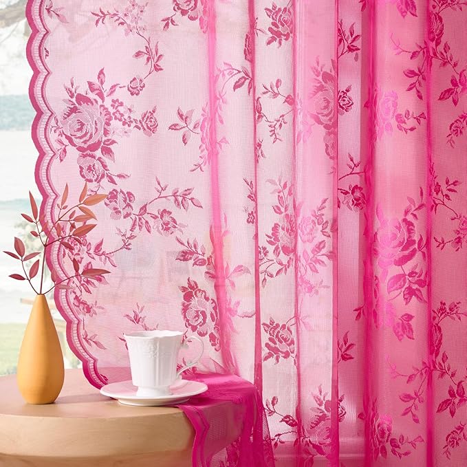 Raspberry Lace Curtains 96 Inches Long 2 Panels Vintage Floral Curtains - Image 4