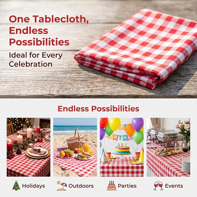 ShinyBeauty Gingham Square Tablecloth 54x54 Red and White Cotton Plaid | - Image 5