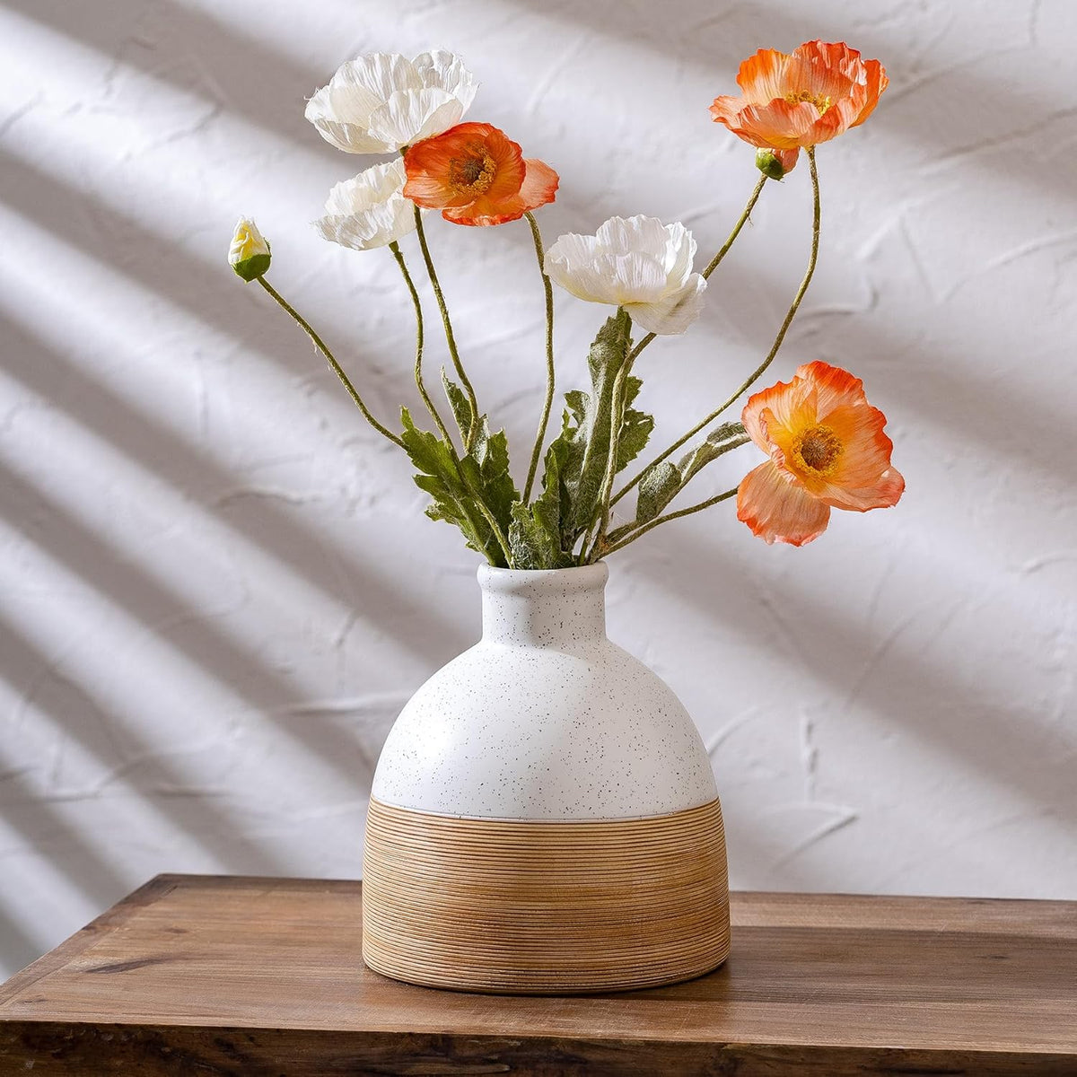 Rustic Farmhouse Flower Round Ceramic Striped Vase, Brown and White Modern Decorative Ceramic Flower Vase for Home Cottage Core Decor, Table, Living Room, Bookshelf Decor, Mantel, Wedding 6.5 Inch