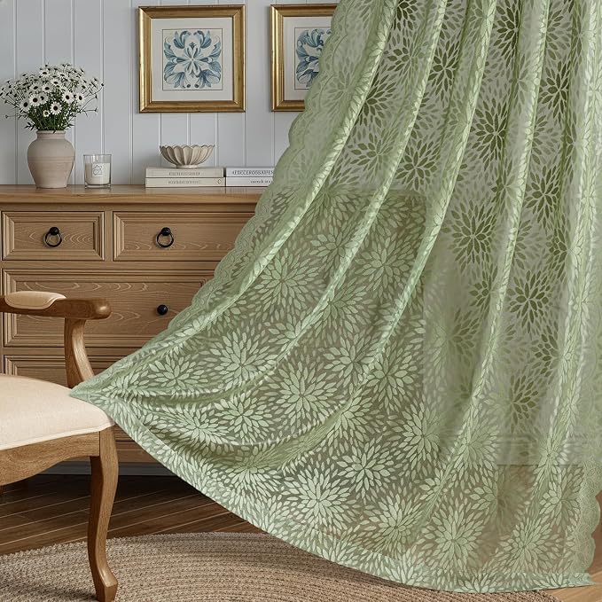MIULEE Vintage Floral Scalloped Lace Curtains, Sage Green 52" W x 63" L | 2 - Image 3