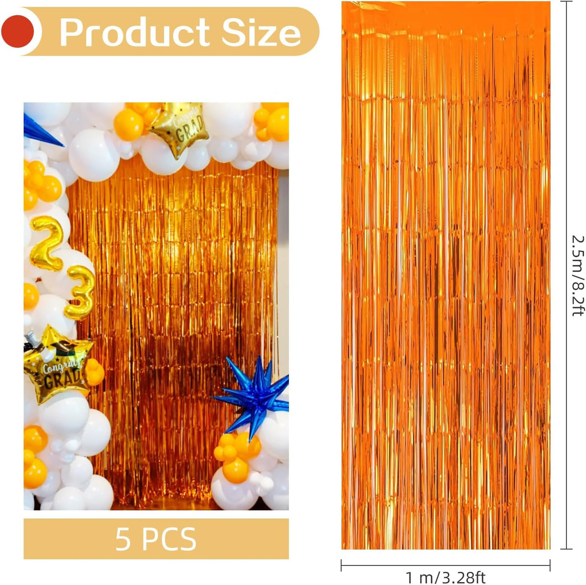 5 Pack Orange Fringe Backdrop 3.2ft x 8.2ft Foil Curtain Tinsel Foil Fringe Curtains Backdrop Tinsel Backdrop Streamers for Birthday Party Decoration Wedding Halloween Christmas Decoration (Orange)