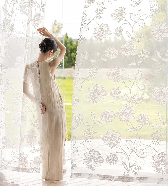 White Lace Sheer Curtains for Living Room 84inch Vintage Rose Botanical Floral by Treatmentex