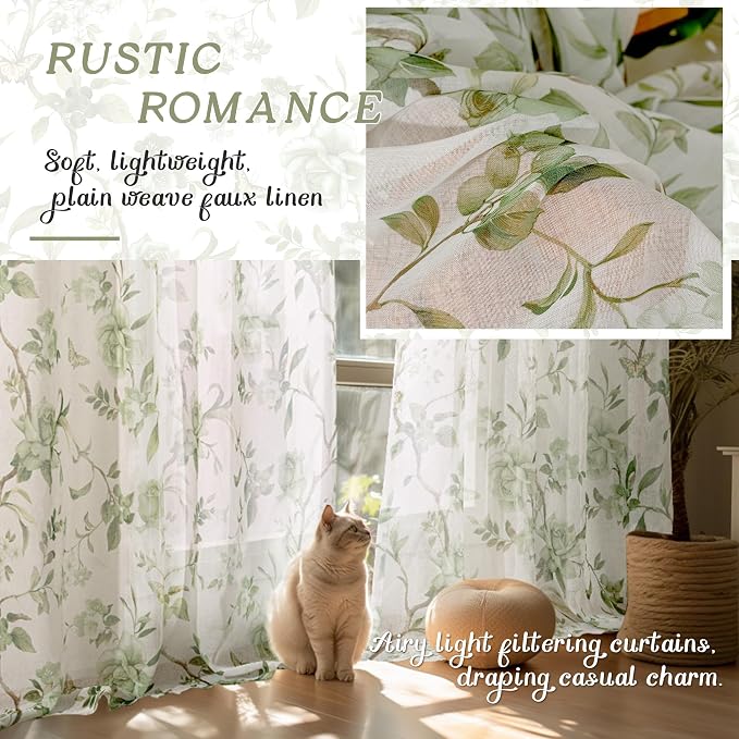 Sage Sheer Curtains 45 Inch Length 2 Panels Set Sheer, Leaf Patterned Linen - Image 4