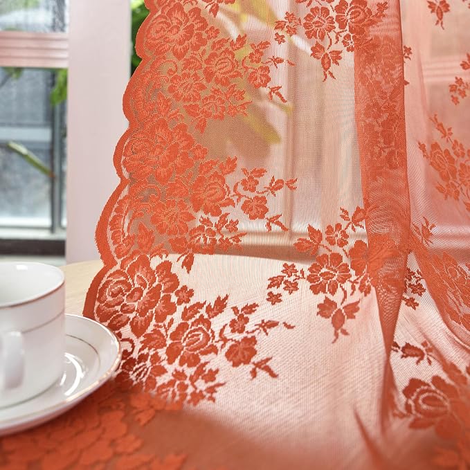 Kotile Burnt Orange Floral Lace Curtains - Image 8