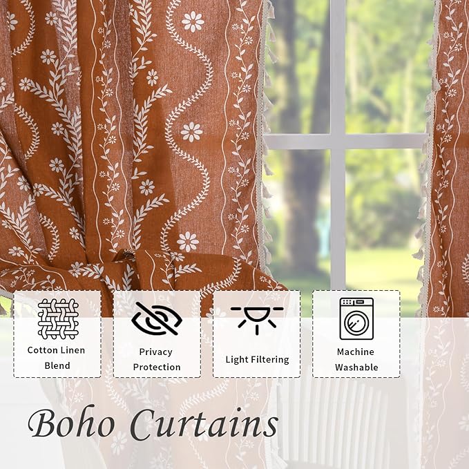 Schweek Boho Curtains for Living Room 72 Inches Long 2 Panels Terracotta | - Image 4