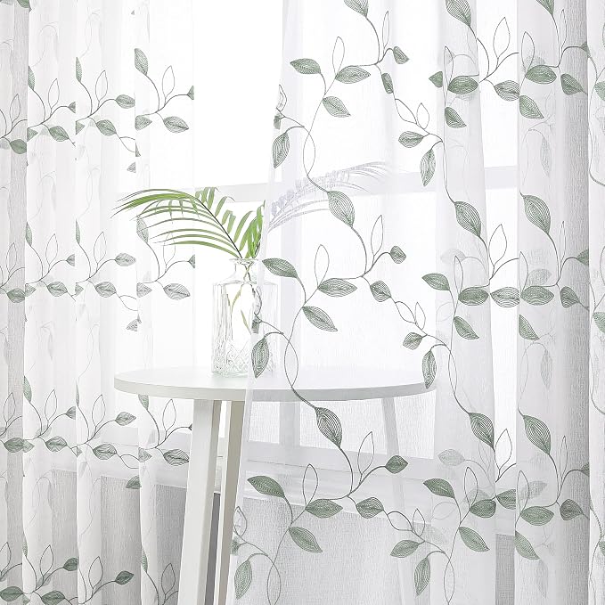 Tollpiz Sage Green Leaf Sheer Curtains Living Room Short 54 x 45 Inches | - Image 2