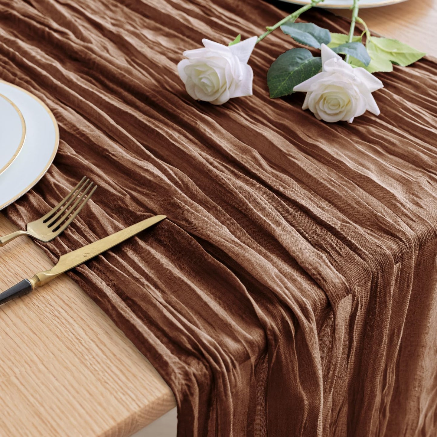 Asee'm Cheesecloth Table Runner 120 Inches Long Brown Boho Gauze Cheese Cloth Runner 10FT Rustic Sheer Fall Table Runners for Thanksgiving Wedding Party Baby Shower Decoration