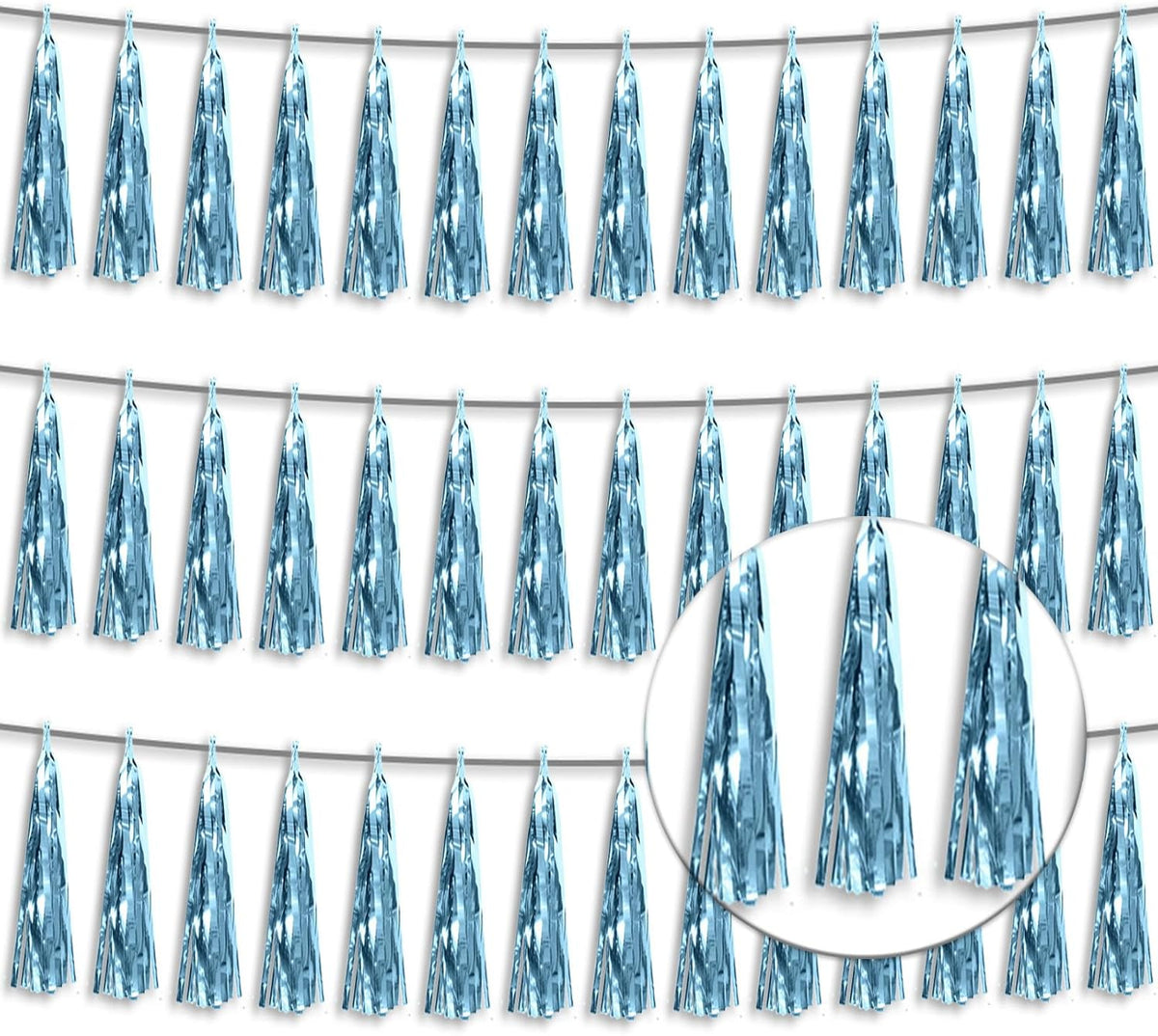 3P Metallic Fringe Tassel Banner Garland Foil Tinsel Streamer Wall Hanging Curtain Backdrop Banner for Parade Floats, Graduation Decorations, Wedding Party Decoration(Light Blue)