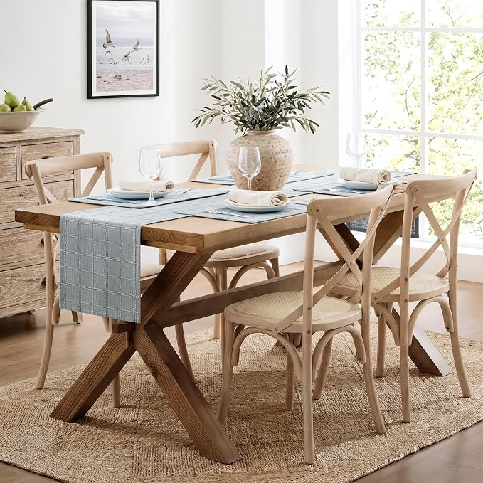 Linen Checked Farmhouse Table Runner, 13x72 Inches Chambray | Raised Grid Design - Image 3