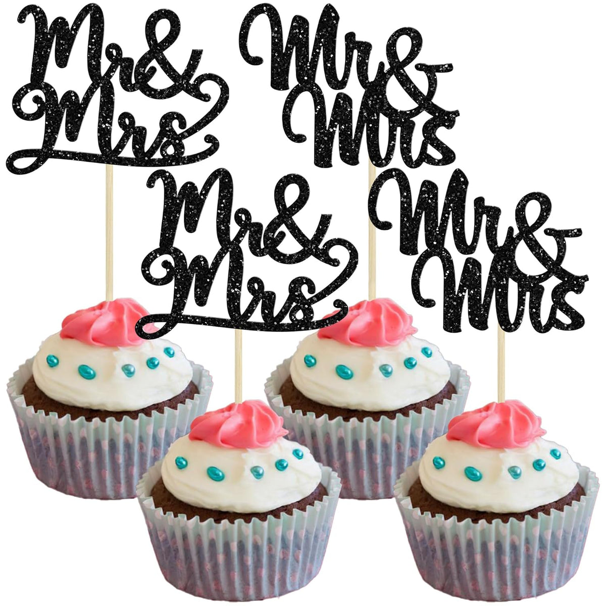 Gyufise 36Pcs Mr & Mrs Cupcake Toppers Glitter Bridal Shower Cupcake Picks for Wedding Engagement Theme Party Cake Decorations Supplies Black