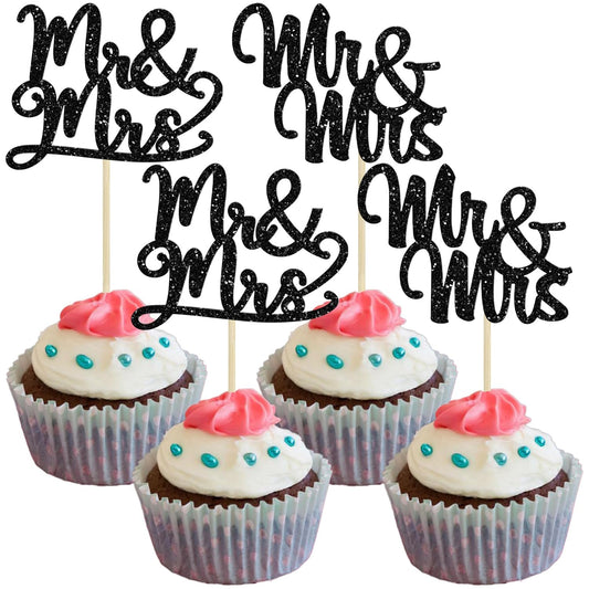 Gyufise 36Pcs Mr & Mrs Cupcake Toppers Glitter Bridal Shower Cupcake Picks for Wedding Engagement Theme Party Cake Decorations Supplies Black