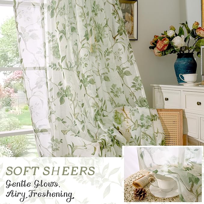 Sage Sheer Curtains 45 Inch Length 2 Panels Set Sheer, Leaf Patterned Linen - Image 6