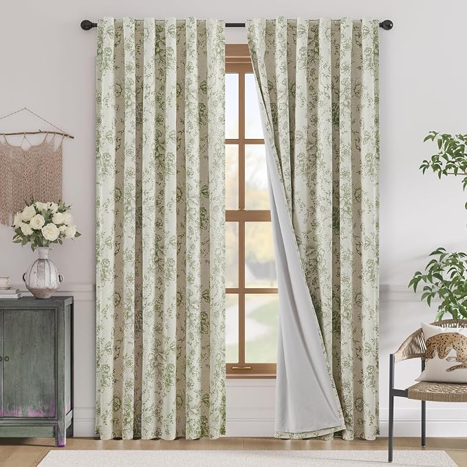 jinchan Green Floral Linen Blackout Curtains 90 Inch Back Tab 2 Panels | by JINCHAN
