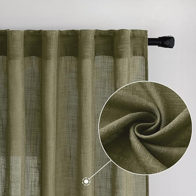 MIULEE Light Olive Green Linen Curtains 52x108 Inch 2 Panels - Image 2