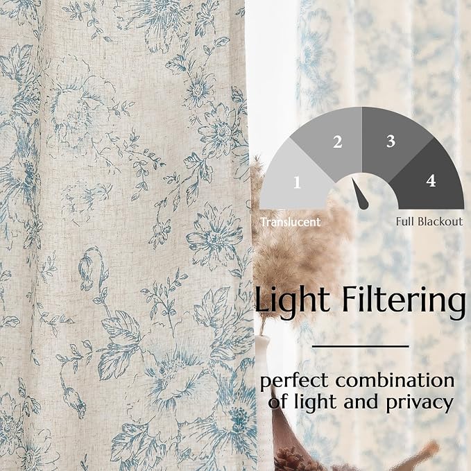 jinchan Blue Floral Linen Curtains Lined 63 Inch Vintage Back Tab 2 Panels | - Image 4