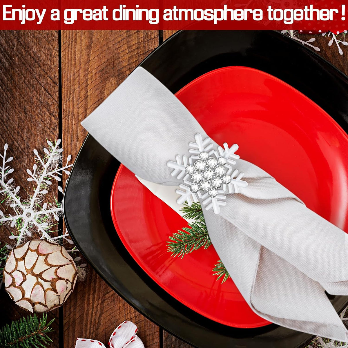 Halatool Christmas Napkin Rings Set of 8, White Snowflake with White Rhinestone Napkin Holder for Christmas Thanksgiving Winter Holiday Place Setting, Weddings, Party Table Decoration