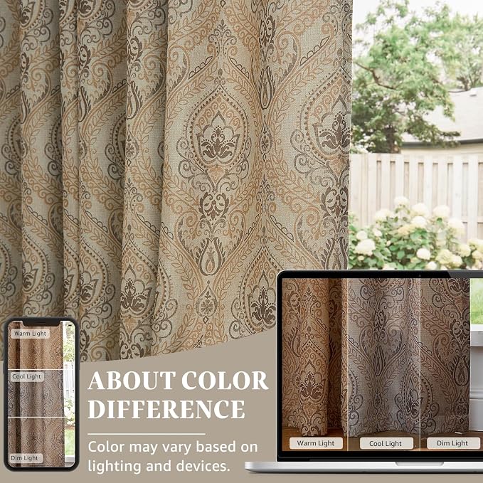 jinchan Taupe Damask Curtains 63 Inch Room Darkening Grommet 2 Panels | - Image 5