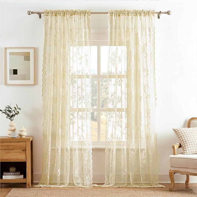SEEKRIGHT Beige Lace Sheer Curtains 63 Inch Length Country Floral Curtains - Image 2
