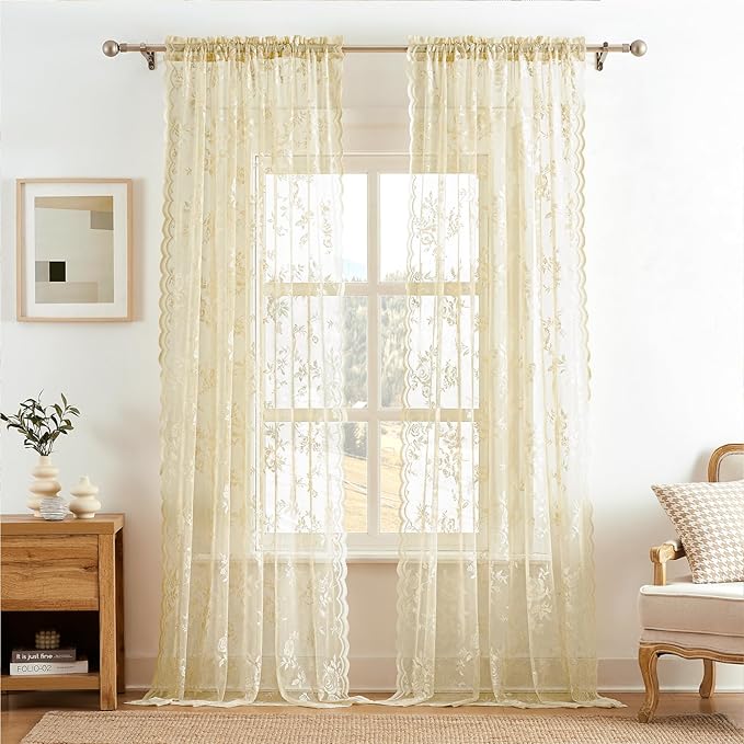 Beige Lace Curtains 72 Inch Length Victorian Floral Sheer Curtains - Image 2