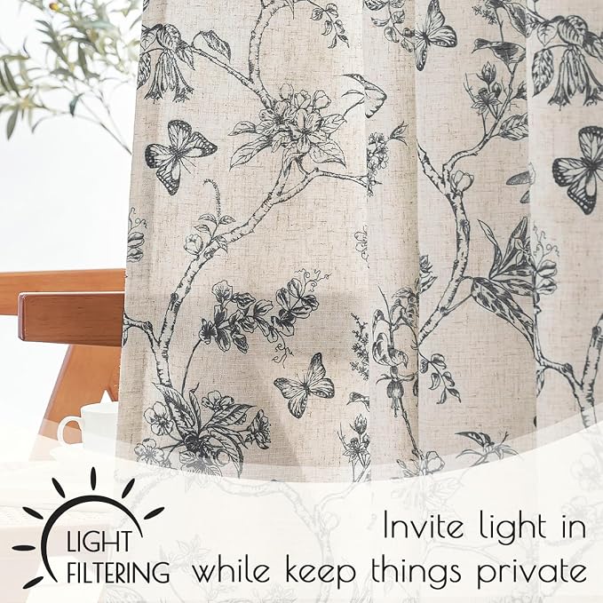 Black Floral Linen Lined Curtains Rod Pocket 50W X 90L 2 Panels | Charlotte - Image 4