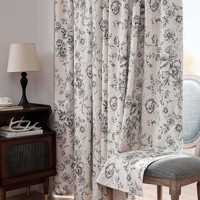 jinchan Black Floral Linen Blackout Curtains 72 Inch Back Tab 2 Panels | - Image 7