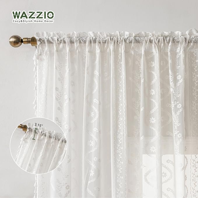 WAZZIO Boho Lace Curtains 2 Panels 72 Inches -Cute Vintage Victorian Sheer - Image 6