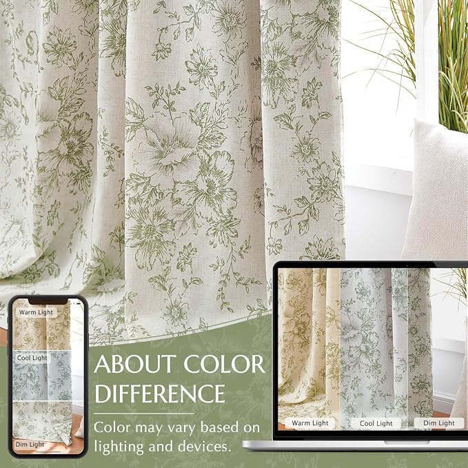 jinchan Green Floral Linen Blackout Curtains 90 Inch Back Tab 2 Panels | - Image 6