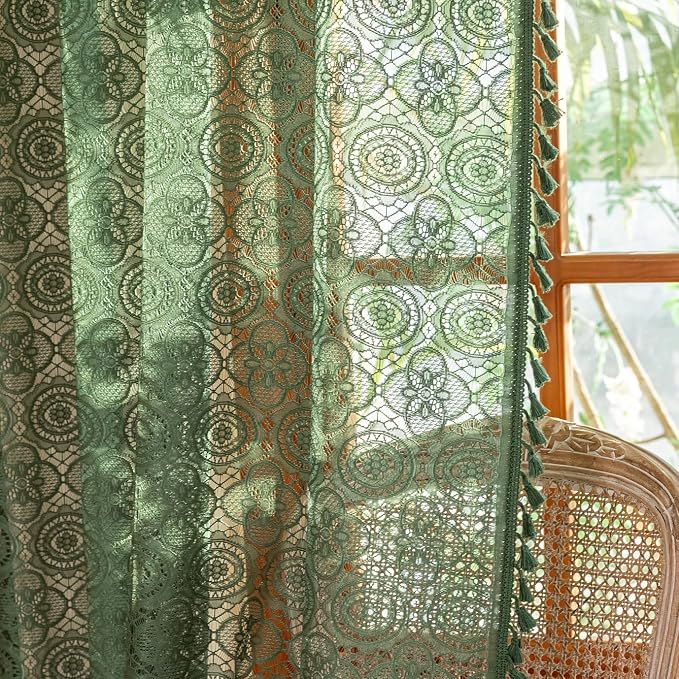 YJ YANJUN Boho Lace Curtains, Dark Green, 2 Panels | Vintage Floral Crochet - Image 5