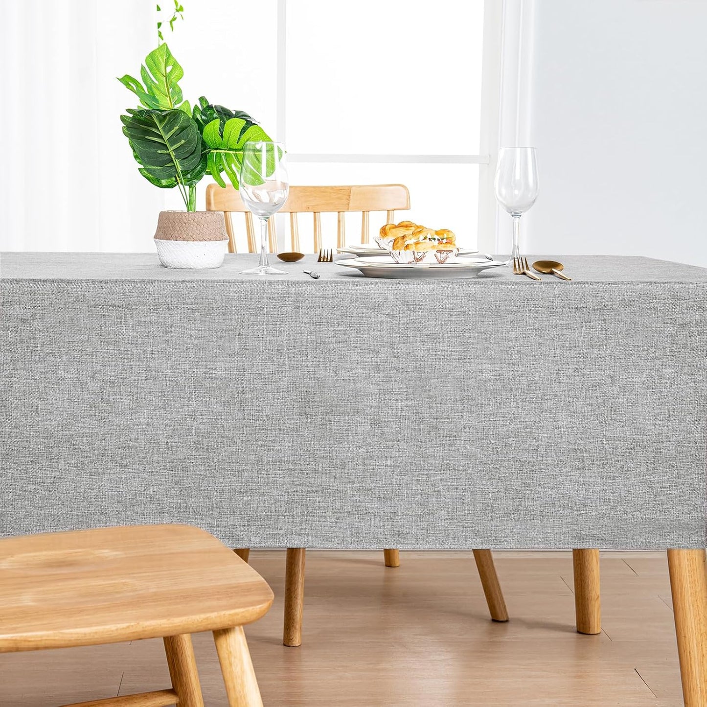 Hiasan Faux Linen Rectangle Tablecloth - Wrinkle and Stain Resistant Washable Table Cloth for Kitchen Dining Room Holiday Table Cover for Dinner, Light Grey, 70 x 90 Inch