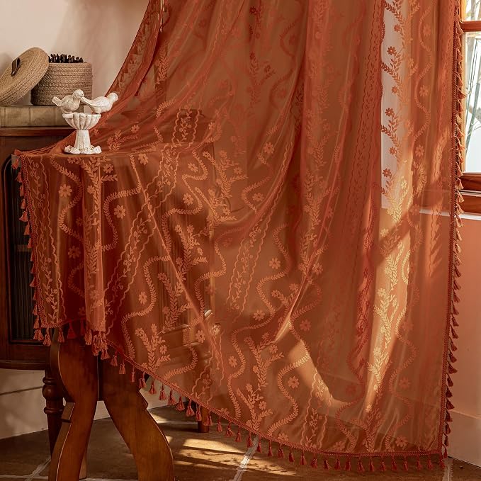 WAZZIO Boho Lace Curtains 108 Inch 2 Panels-Vintage Sheer Panel Drape Floral by WAZZIO