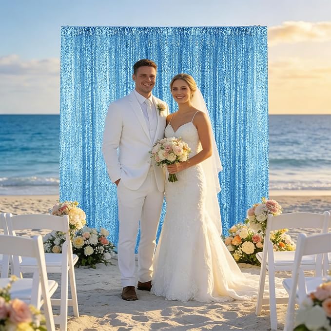 Sugargirl Blue Sequin Backdrop Curtain 4FTx8FT Glitter Blue Background Drapes - Image 4