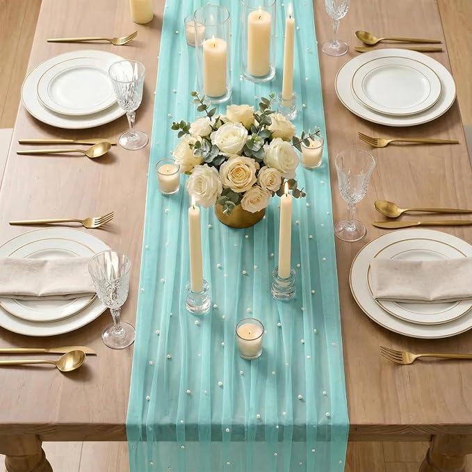 Artoid Mode 6PCS Pearl Turquoise Gauze Table Runner 120 Inch 10FT, Seasonal - Image 3
