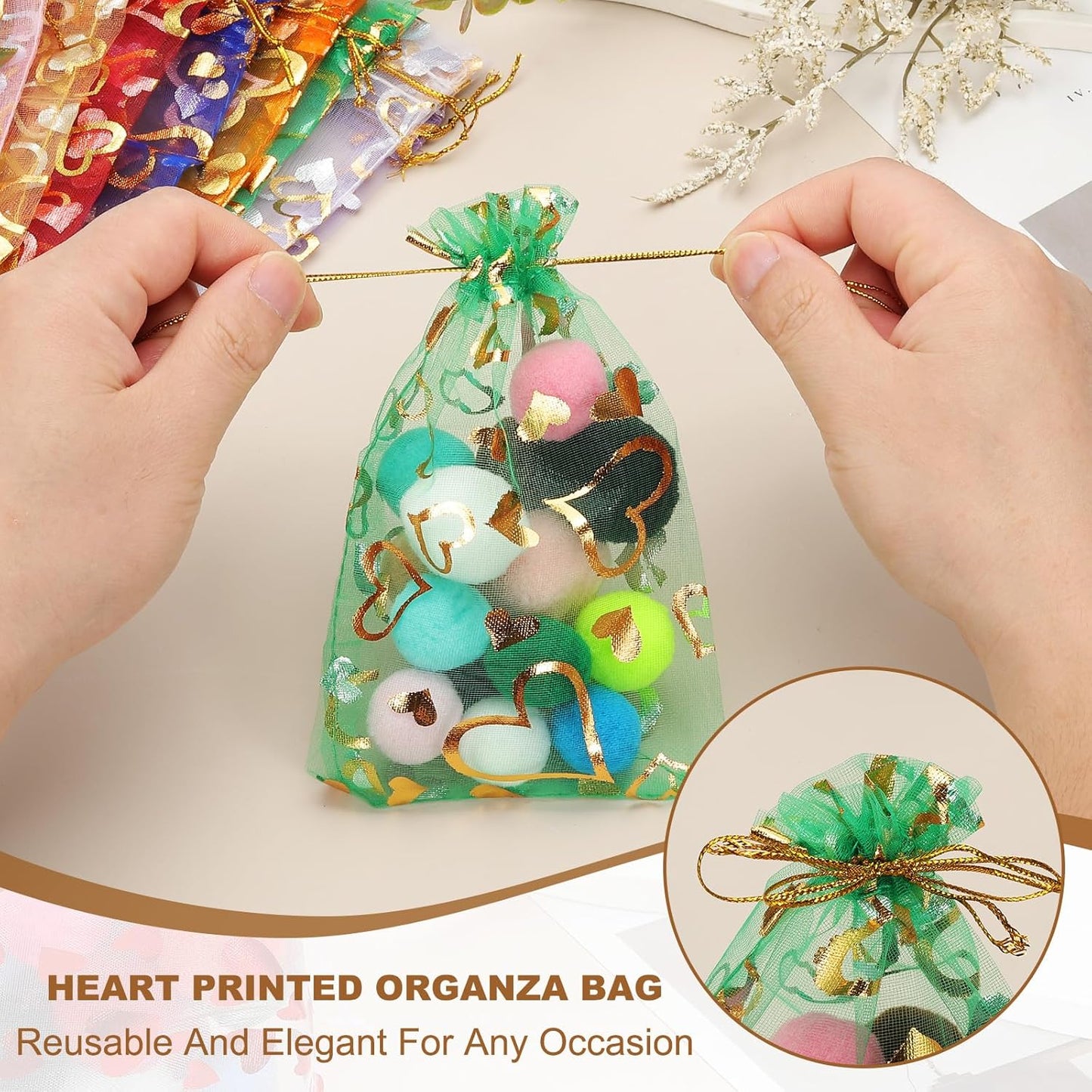 PATIKIL 50 Pcs 4x6 Inch Heart Printed Organza Bags, Orange Sheer Heart Organza Bags with Drawstring for Christmas Candy Jewelry Party Wedding Favor Gift