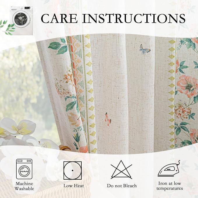 MYSKY HOME Boho Floral Curtains Semi Sheer Linen Blend Curtain 84 Inches Long - Image 6