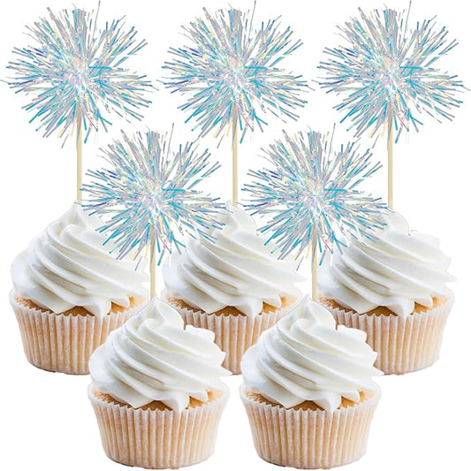 Gyufise 30Pcs Foil Firework Cupcake Toppers Sparkle Tinsel Cake Toppers Tinsel by Gyufise