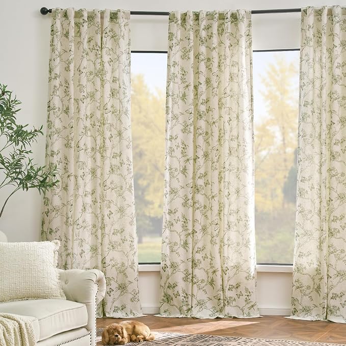Green Floral Linen Lined Curtains Rod Pocket 50W X 63L 2 Panels | Charlotte - Image 7
