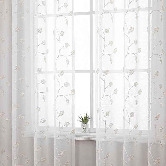 Beige Sheer Curtains Decorative Embroidered Leaf 84 Inches Long | Light - Image 2