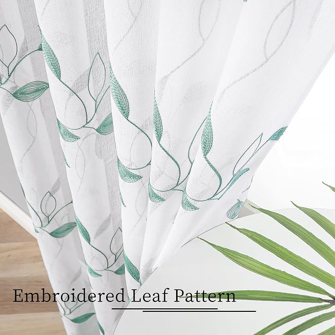 Tollpiz Teal Blue Leaf Sheer Curtains Living Room 54 x 63 Inches | Leaves - Image 3
