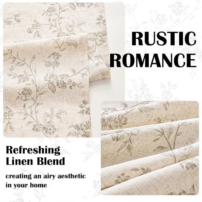 Grey Vintage Floral Linen Curtains Farmhouse 38W X 90L 2 Panels | Elisa Series - Image 3