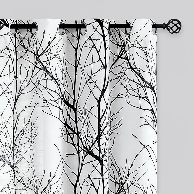 FMFUNCTEX Linen Black White Semi Sheer Print Curtains 63 Inch Long 2 Panels | by Fmfunctex