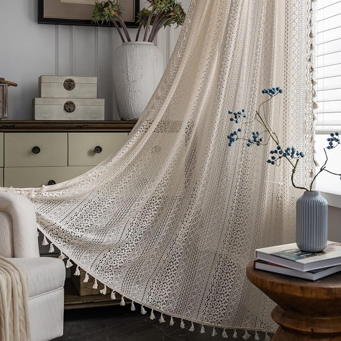 Sutuo Home Boho Curtains Crochet Lace Semi-Sheer Bohemian Hollow Knitted by SutuoHome