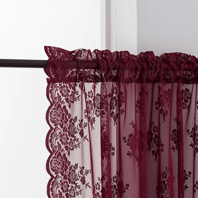 Kotile Short Burgundy Lace Curtains Rustic Floral W42 x L30 Inch, 2 Panels | - Image 3