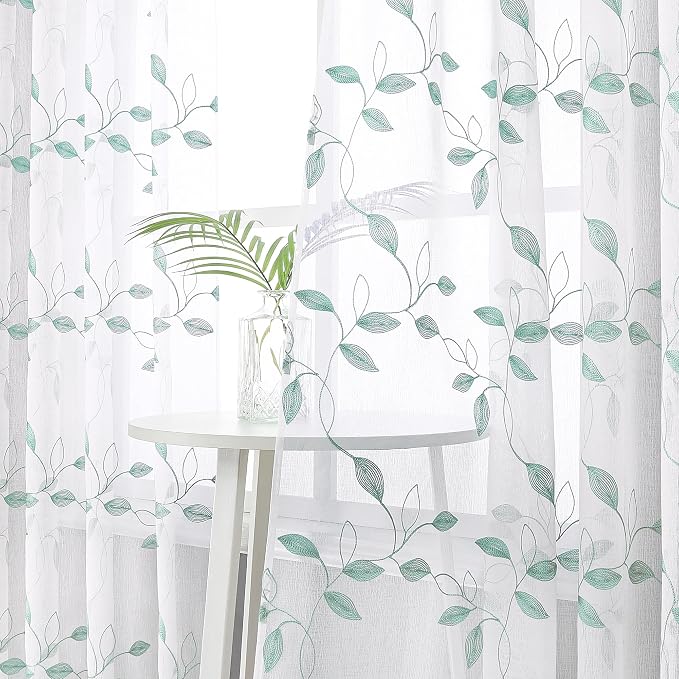 Tollpiz Teal Blue Leaf Sheer Curtain Leaves Embroidered Bedroom Curtains Rod - Image 2