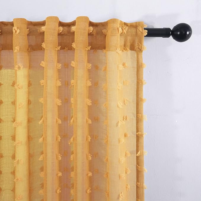 Boho Back Tab Sheer Mustard Yellow Curtains 96 Inches Long - Image 6